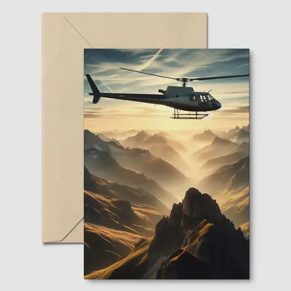 Helicopter Flying Over Misty Mountain Range