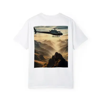Helicopter Flying Over Misty Mountain Range