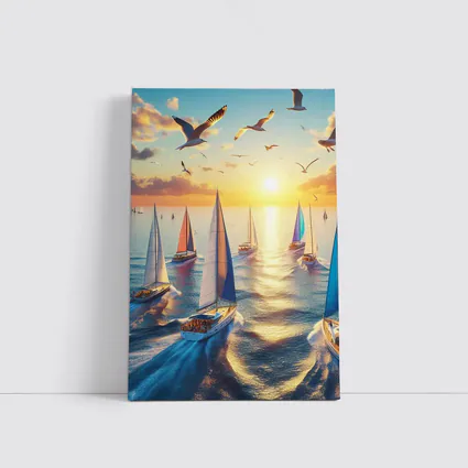 Sailboats Racing at Golden Sunset Sea