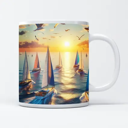 Sailboats Racing at Golden Sunset Sea