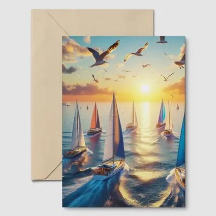 Sailboats Racing at Golden Sunset Sea