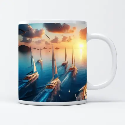 Sailboats Racing Ocean Sunset Seagulls Sky