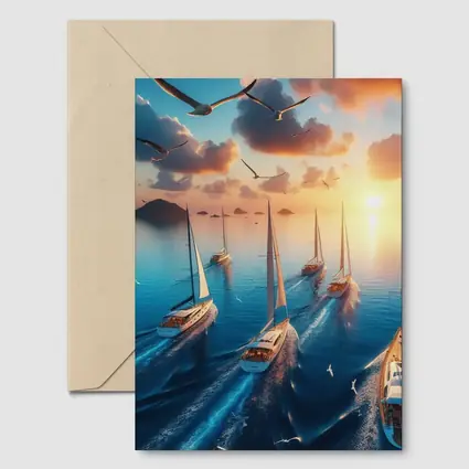 Sailboats Racing Ocean Sunset Seagulls Sky