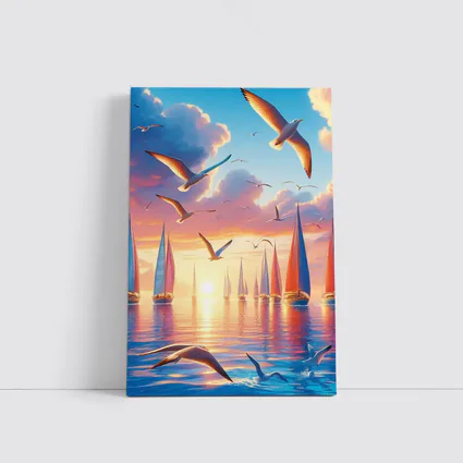 Seagulls Flying Over Sailboats Sunset Sea
