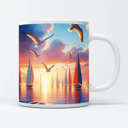 Seagulls Flying Over Sailboats Sunset Sea