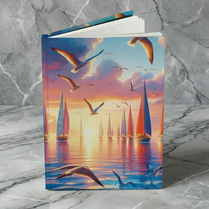 Seagulls Flying Over Sailboats Sunset Sea