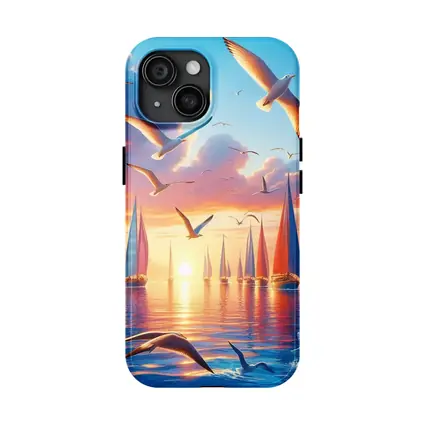 Seagulls Flying Over Sailboats Sunset Sea