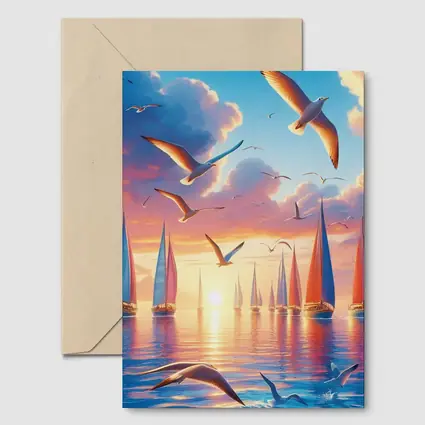 Seagulls Flying Over Sailboats Sunset Sea
