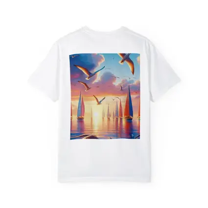 Seagulls Flying Over Sailboats Sunset Sea