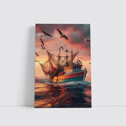 Fishing Trawler Sailing Ocean Sunset Seagulls