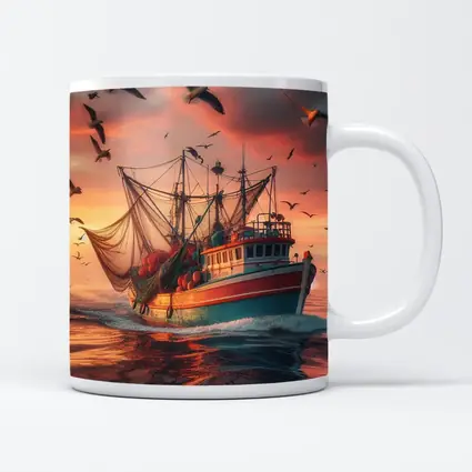 Fishing Trawler Sailing Ocean Sunset Seagulls
