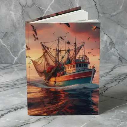Fishing Trawler Sailing Ocean Sunset Seagulls