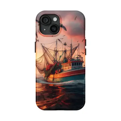 Fishing Trawler Sailing Ocean Sunset Seagulls
