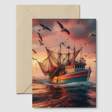 Fishing Trawler Sailing Ocean Sunset Seagulls