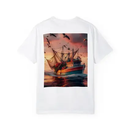 Fishing Trawler Sailing Ocean Sunset Seagulls