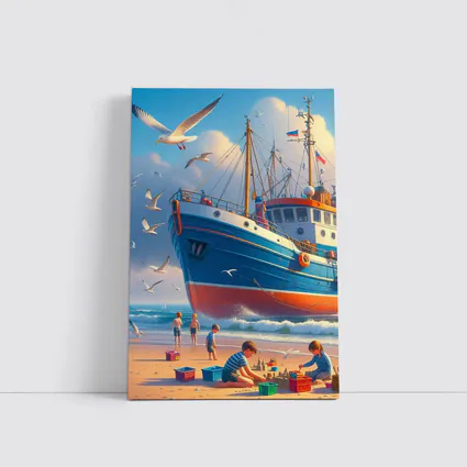 Fishing Boat Beach Kids Seagulls Blue Sky