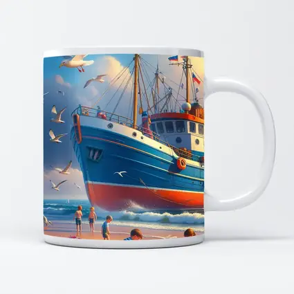 Fishing Boat Beach Kids Seagulls Blue Sky