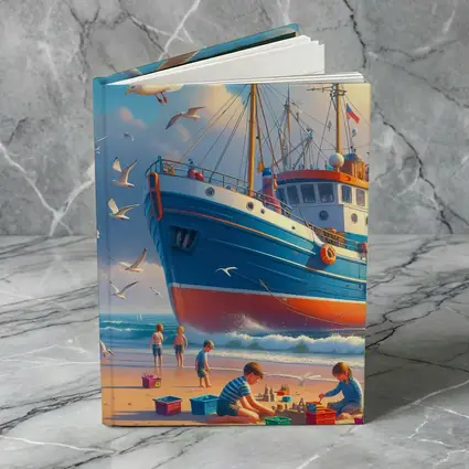 Fishing Boat Beach Kids Seagulls Blue Sky