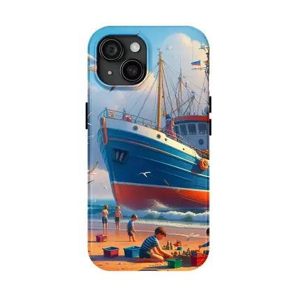Fishing Boat Beach Kids Seagulls Blue Sky
