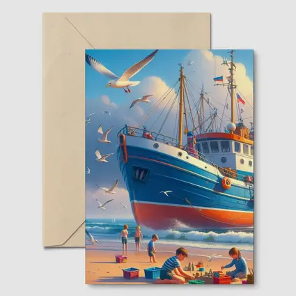 Fishing Boat Beach Kids Seagulls Blue Sky