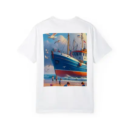 Fishing Boat Beach Kids Seagulls Blue Sky