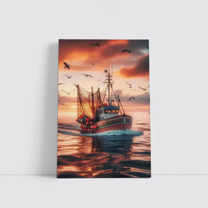 Fishing Trawler Sailing Sunset Ocean Birds