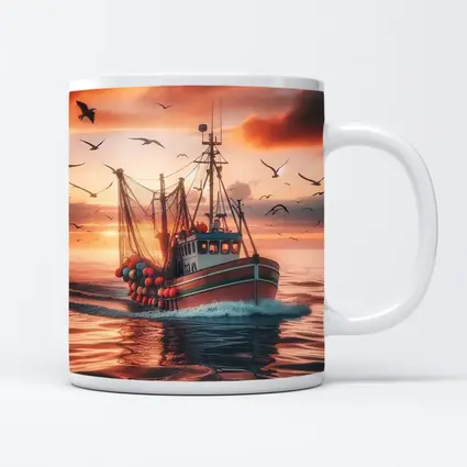 Fishing Trawler Sailing Sunset Ocean Birds