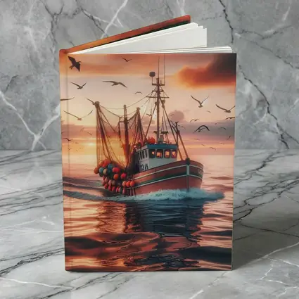 Fishing Trawler Sailing Sunset Ocean Birds