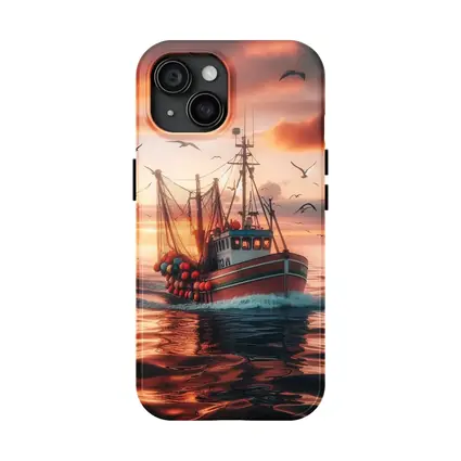 Fishing Trawler Sailing Sunset Ocean Birds