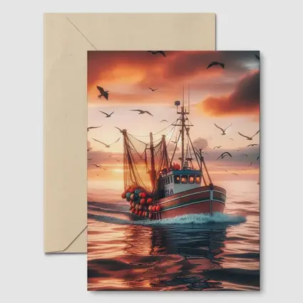 Fishing Trawler Sailing Sunset Ocean Birds
