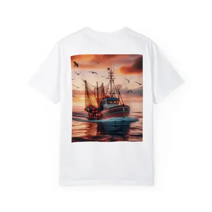 Fishing Trawler Sailing Sunset Ocean Birds