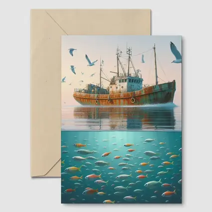Rusty Fishing Trawler Above Colorful Ocean Fish