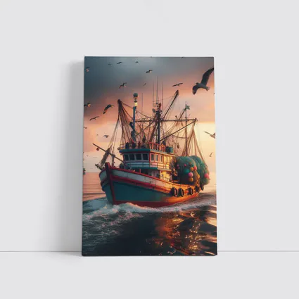 Fishing Trawler Sailing Ocean Sunset Seagulls