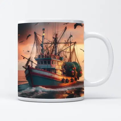 Fishing Trawler Sailing Ocean Sunset Seagulls