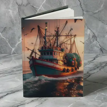 Fishing Trawler Sailing Ocean Sunset Seagulls