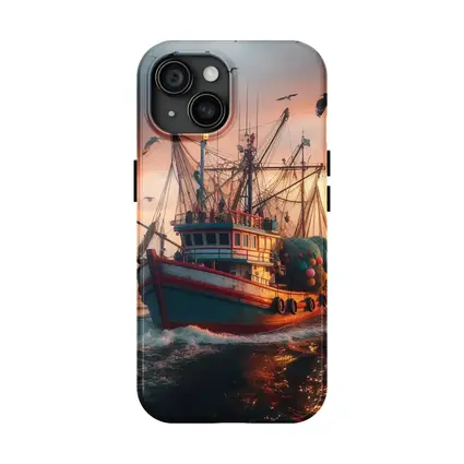 Fishing Trawler Sailing Ocean Sunset Seagulls