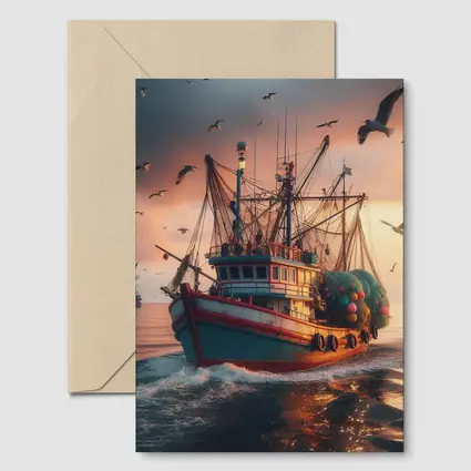 Fishing Trawler Sailing Ocean Sunset Seagulls
