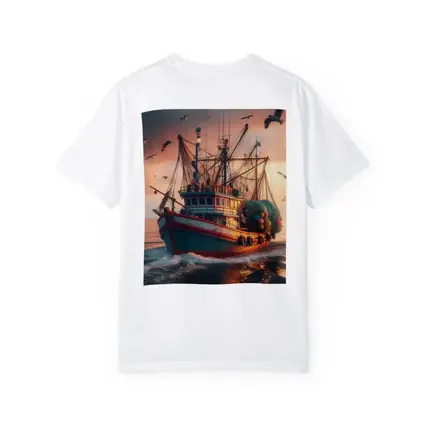 Fishing Trawler Sailing Ocean Sunset Seagulls