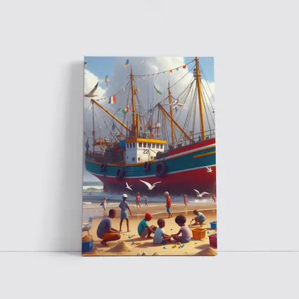 Children Playing Beach Colorful Fishing Boat
