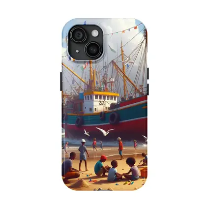 Children Playing Beach Colorful Fishing Boat