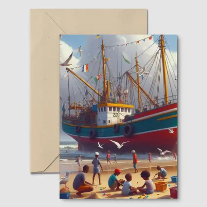 Children Playing Beach Colorful Fishing Boat