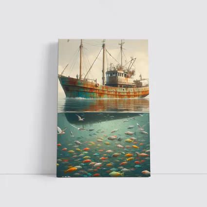 Rusty Fishing Trawler Above Colorful Underwater Fish