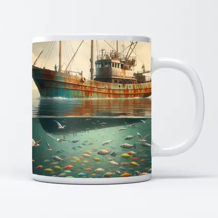 Rusty Fishing Trawler Above Colorful Underwater Fish