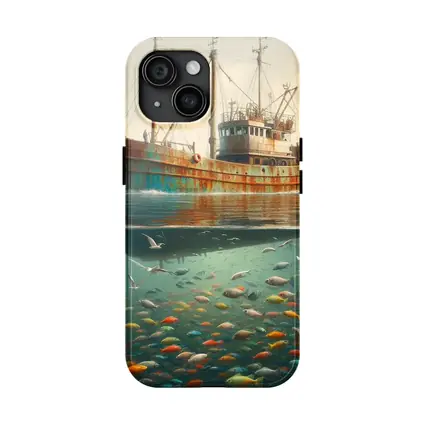 Rusty Fishing Trawler Above Colorful Underwater Fish