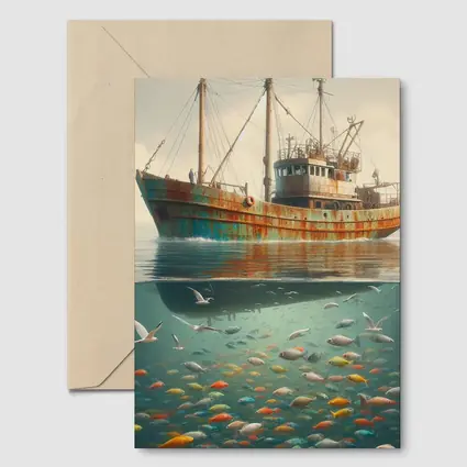 Rusty Fishing Trawler Above Colorful Underwater Fish