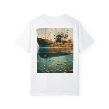 Rusty Fishing Trawler Above Colorful Underwater Fish