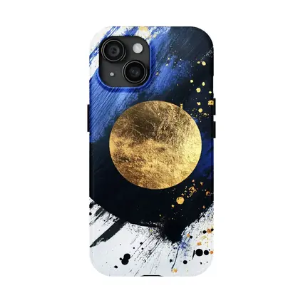 Gold Circle Bold Blue Brushstroke Abstract Art