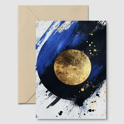 Gold Circle Bold Blue Brushstroke Abstract Art
