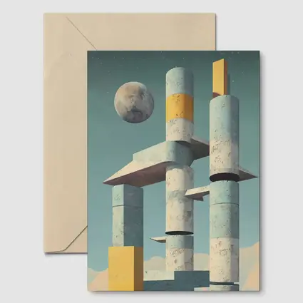 Brutalist Concrete Towers Moon Sky Art