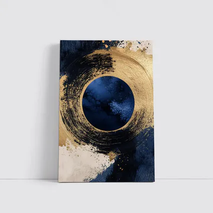 Gold Circle Brushstroke Abstract Dark Blue Art
